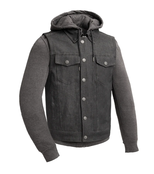 Rook - Men's Motorcycle Denim Vest with Gray Base Hoodie